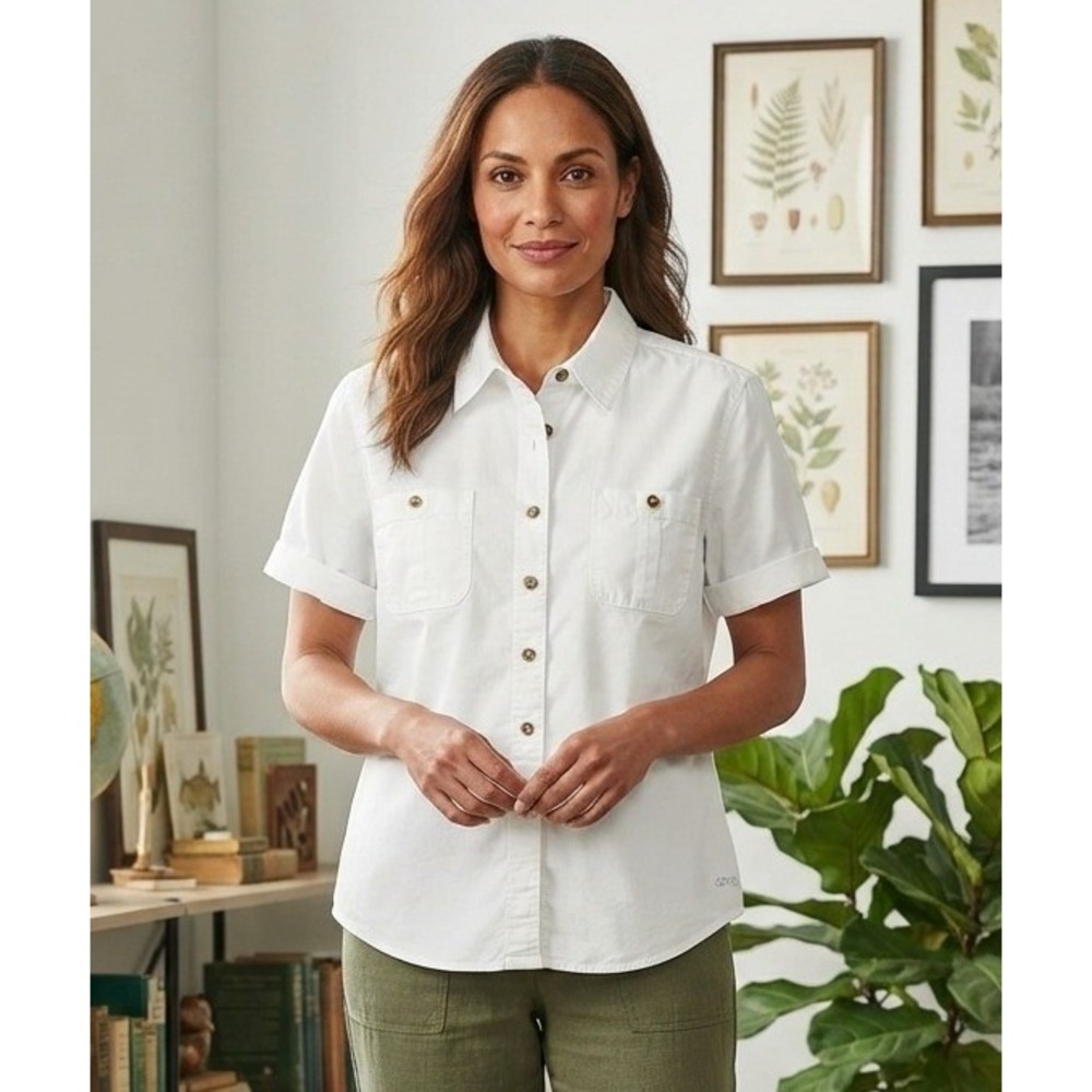 Orvis Button Down Short Sleeve Shirt Women's XL White Cotton Minimalist Pockets